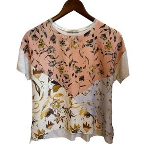 Zara Womens Blouse Multicolor Floral Short Cap Sleeve Scoop Neck Pullover Size S
